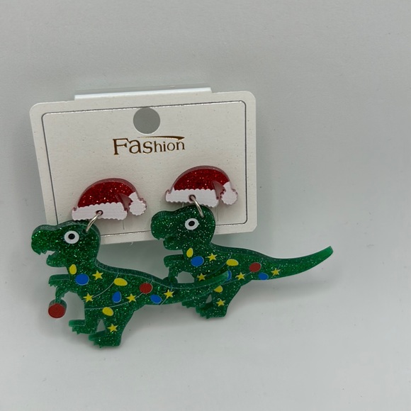 Jewelry - Sparkling Christmas Dinosaur with Santa Hat - Fashion Earring Studs Resin